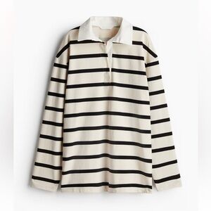 NWT H&M Striped Cream & Black Long Sleeve Polo Shirt 100% Cotton, XL